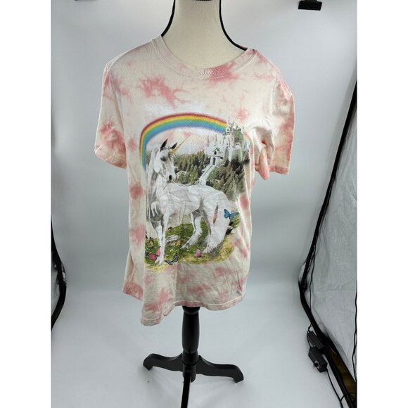 Mighty Fine Womens Size S Pink Tie Dye Graphic T Shirt Unicorn Rainbow Castle - Picture 1 of 6